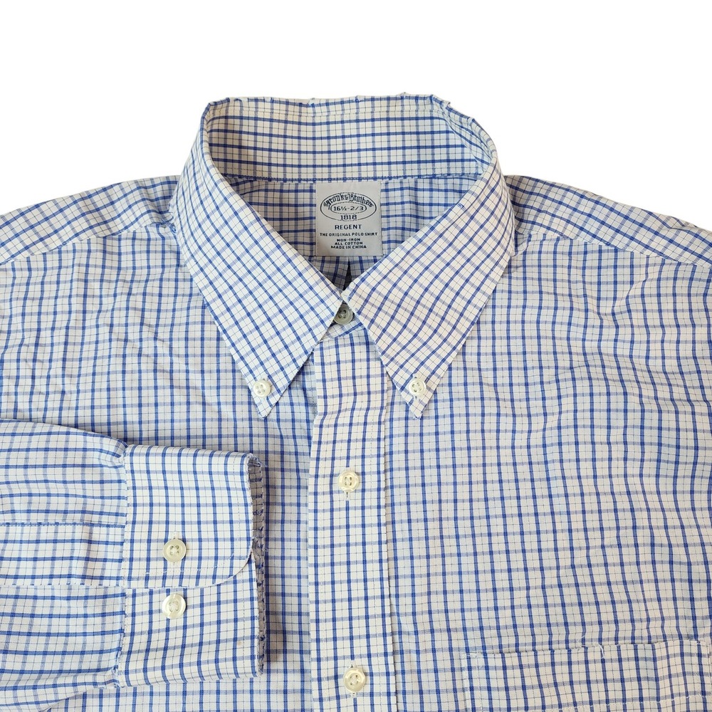 Brooks Brothers Regent Dress Shirt Mens 16.5 2/3 Blue‎ White Cotton Non Iron